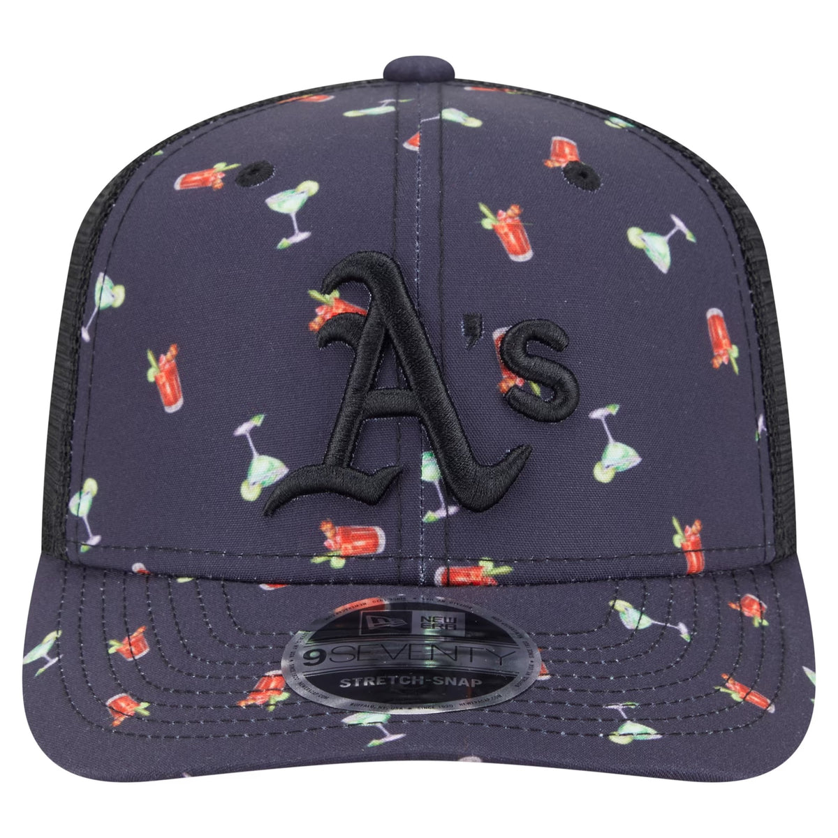 Men's Black Athletics Adventure Drinks Pattern Stretch-Snap Hat